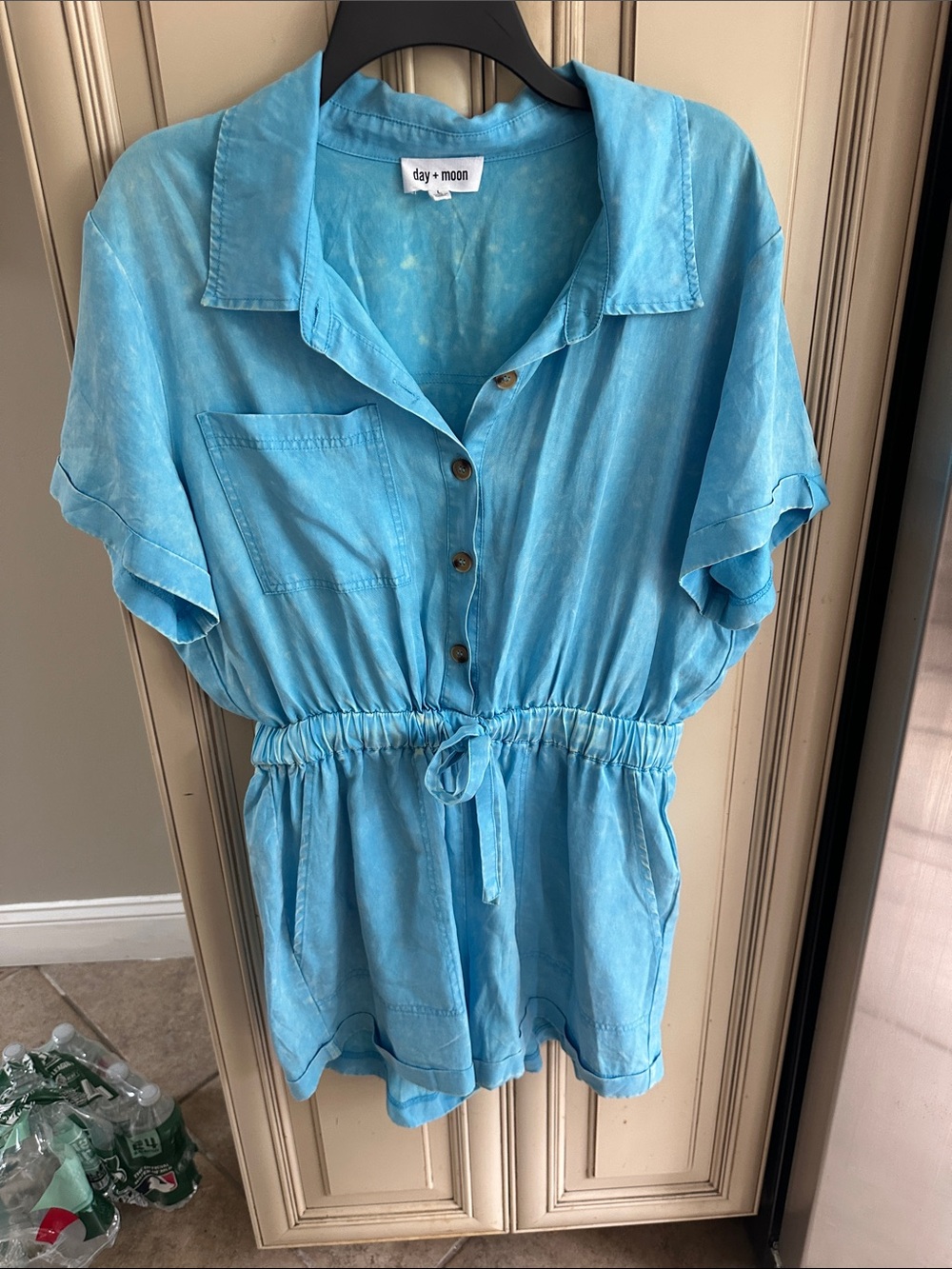 day + moon Sky Blue Tie-Waist Short Sleeve Tunic